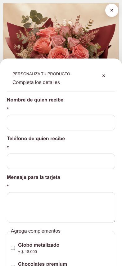 Captura real del formulario de personalización móvil